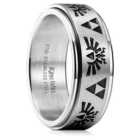 King Will Men's Stainless Steel Wedding Band - 8mm Stainless Steel Rotating Dual Men Ring with Etched Zelda Design and Black Oil Drip, Full Steel Color Wedding Band for Men Comfort Fit Size R 1/2(9)