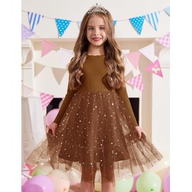 Arshiner Toddler Tulle Dress Girls Long Sleeve Star Sequin Casual Brown Party Fall Winter Tutu Dresses