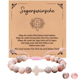 Onperpoe Communion Gifts for Girls Pearl Bracelet Women's High-Quality Pink Jasper Healing Stones Bracelet 8 mm First Communion Gifts Girls Cross Bracelet Christian Gift with Gift Box, Stone, No