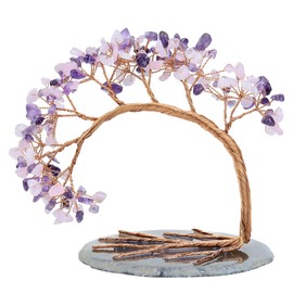 Nupuyai 4.5-5.2" Copper Wire Healing Crystal Money Tree for Good Luck Agate Slice Base Bonsai Crystal Stone Tree Decor for Home Office, Amethyst & Rose Quartz