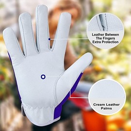Leather Work Gloves Gardening Breathable Thorn Proof Palm Building Heavy Duty Gardening Gloves Women Men Gripper Utility (Purple, Small)