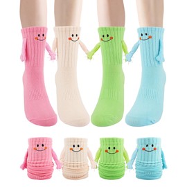 Funny Holding Hands Socks 4 Pairs Crazy Magnetic Men Women Couple Socks Silly Sock Novelty Birthday Gifts for Teens, Friends (CA/US, Alpha, One Size, Candy color- Smile)