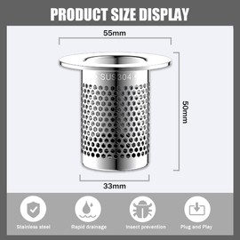 Zamety Set of 2 5 cm Drain Strainer Shower, Hair Strainer Shower, Silver Sink Strainer, Stainless Steel Drain Strainer, Can be Used for Kitchen, Bathroom, Balcony Floor Drain