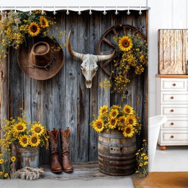 Farmhouse Western, cortina de ducha rústica para puerta de granero, color café, botas del suroeste, color amarillo, floral, cortina de baño de tela impermeable, accesorios de baño, juego de cortinas