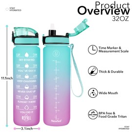 Newfad 32 oz Water Bottle with Straw and Sleeve, Motivational Water Bottle with Time Marker and Adjustable Shoulder Strap, BPA Free Leakproof Sport Water Jug for Hiking, Gym