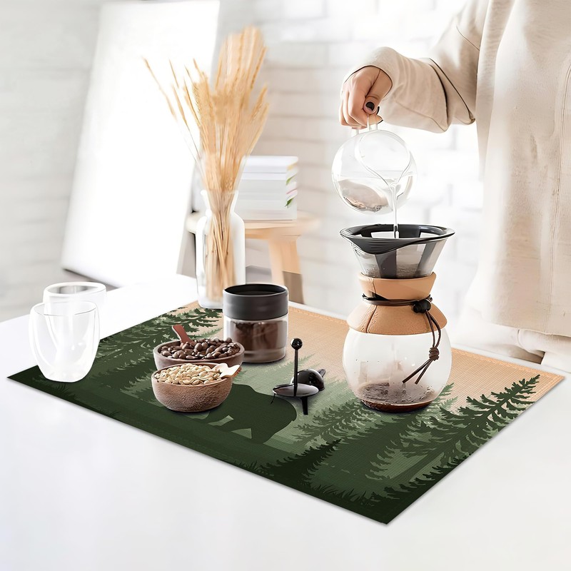 Bear Placemats Set of 6,Misty Fores Placemats Washable Kitchen Dining