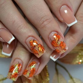 Fall Press on Nails Thanksgiving Short Square Fake Nails with Designs Maple Leaf White French Tip Glue on Nails 24 Pcs Reusable Stick on Nail for Women WYFHDT