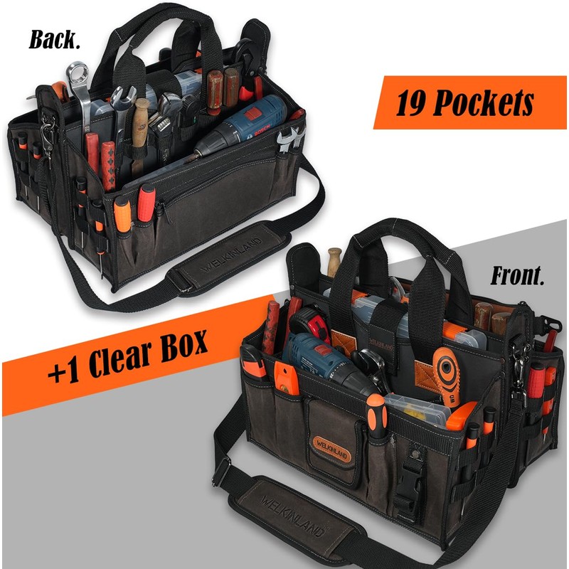 WELKINLAND 20-Pocket Electrician Tool Tote,16"Double Open-Top Tool Tote Bag