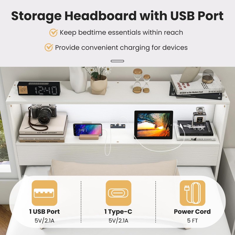 DORTALA Twin Bed Frame with LED Light & Charging Station,