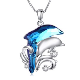 LUHE Dolphin Necklace Sterling Silver Dolphin Aquamarine Crystal Pendant Necklace Larimar Necklace Jewelry Gifts for Women