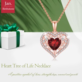 LAVUMO Tree of Life Heart Necklace Women's 925 Sterling Silver Birthstone Pendant Necklaces Birthday Gift for Women Girlfriend Mum Valentine's Day Mother's Day Christmas, Cubic Zirconia, Cubic