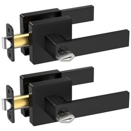 TICONN 2Pk Door Handle Heavy Duty, Reversible Square Door Lever for Bedroom, Bathroom and Rooms (Black, Keyed Entry - Keyed Alike, 2 Pack)