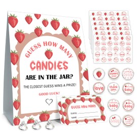 Guess How Many Candies Baby Shower Games, How Many Candies Standing Sign 50 Guessing Cards 180 Baby Shower Candies Stickers, Guess How Many Candies Strawberry Baby Showers Game Set for Birthday Party