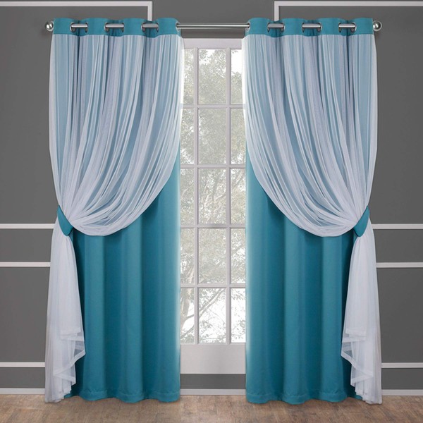 Exclusive Home Catarina Layered Solid Room Darkening Blackout and Sheer Grommet Top Curtain Panel Pair, 52"x84", Turquoise