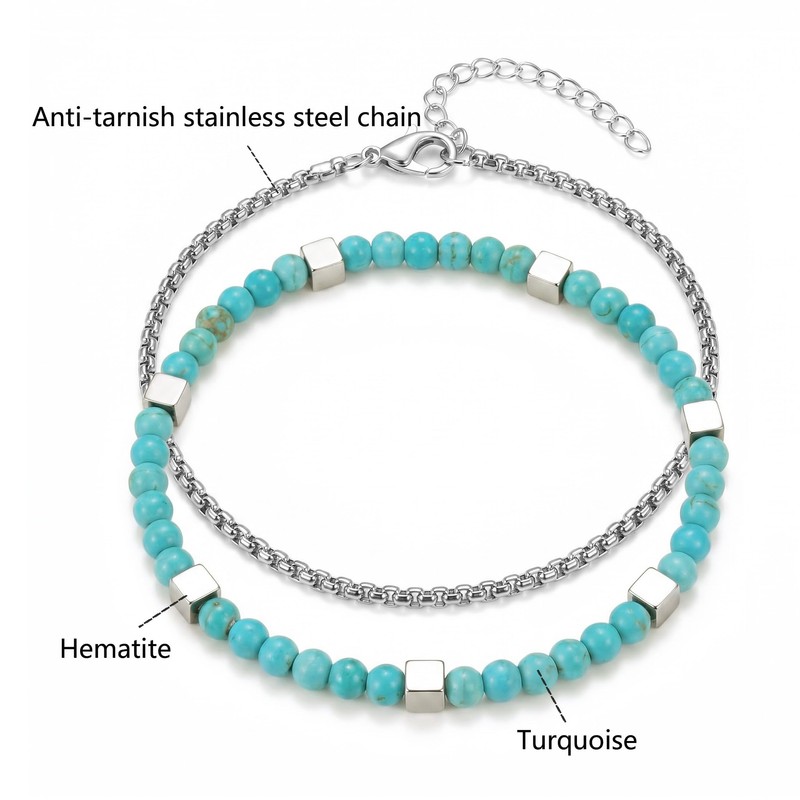 Sunongxin Hematite Bracelet, Stainless Steel Box Chain & Turquoise Beaded