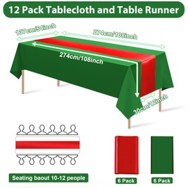 12 Pack 12x108 Inch Satin Table Runner and 84 Inch Rectangle Plastic Tablecloths Set Christmas Green and Red Disposable Table Cloth for New Year Christmas Wedding Holiday Anniversary Party Decorations