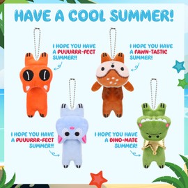 Soulchen 24 Sets End of Year Gifts Bulk with Cat Plush Keychains Beach Cards Graduation Gifts Summer Favors Beach Party Goodie Bags Dinosaur Plush