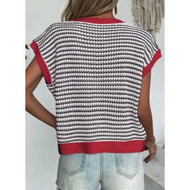 EVALESS Womens Sweater Vest Cap Sleeve Round Neck Pullover Tank Tops Sleeveless Fashion Clothes 2025 Black Stripe with Red Edge Small