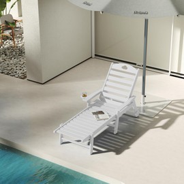 Orbcove Outdoor Lounge Chair with Cup Holder, Outdoor Chaise Lounge with 6-Position Adjustable Backrest, HDPE Lounge Chair for Poolside, Patio, Deck & Backyard, Chaise Lounge with Wheels (White, 1)