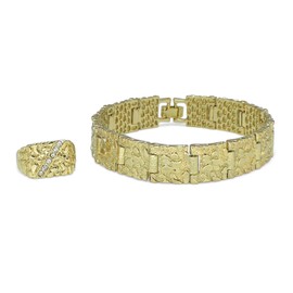 Mens 2pc Nugget Design 14mm Bracelet Icy Ring Set 14k Gold Plated Hip Hop Fashion (7)