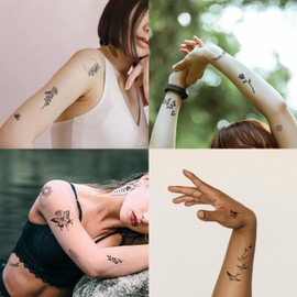 Mini Nature Temporary Tattoos - Realistic Long Lasting Waterproof Tiny Tattoos - Black and White Butterflies Bird Flower Rose Tree Branch Boho Small Tattoos for Women and Men