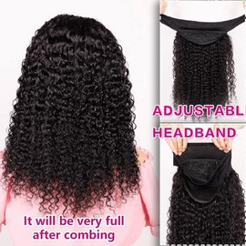 Headband Wig Human Hair Glueless Wigs for Black Women 20 Inch Kinky Curly Wig with Headband Attached 180 Density Briazilian Afro Half Wig No Gel Remy Curly None Lace Front Wigs Human Hair