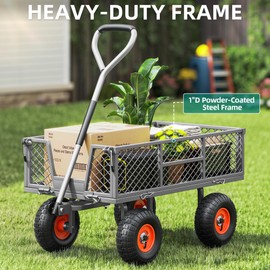 Autodaya Heavy Duty 900 lbs Capacity Mesh Steel Garden Cart - 10" Flat Free Tires, 180° Rotating Handle, Removable Sides, 4 CU'FT Utility Wagon for Yard & Garden