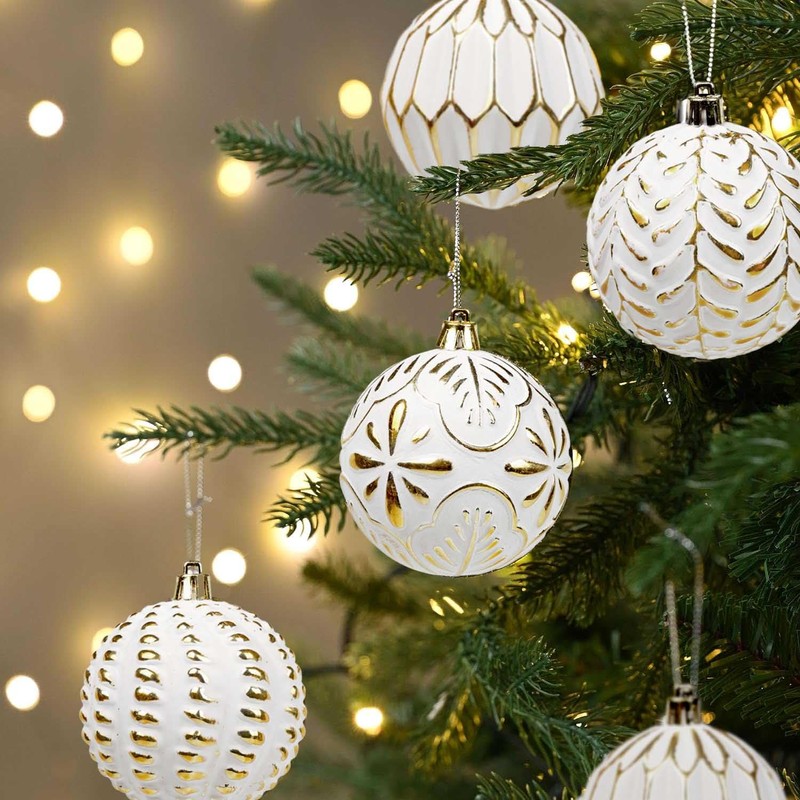 SVNVIOZ White Gold Christmas Baubles Decorations, 16Pcs 8cm Christmas Tree
