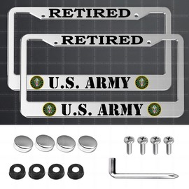 2 Pack Retired License Plate Frames for US Army, Universal Aluminum Front and Rear Retired License Plate Holder (Silver)