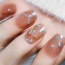 [ALLEVG] Nail Tips, 24 Pieces, Nail Tips, Short Autumn and Winter, Popular Japanese Style, Cute, Simple, Fashionable Bride Nails, Glossy Nail Supplies, Spring and Summer, Fingernails, 3D Double-Sided
