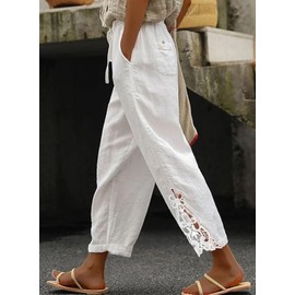Jokeluck Women Casual Lightweight Drawstring Elastic Waist Cropped Linen Pants Fall Spring Slacks Capri Pants Trendy Fashion 2025 Beach Trousers with Pockets White Medium