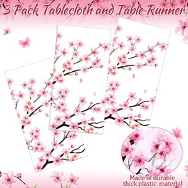 Ganeen 3 Pcs Cherry Blossom Tablecloth Disposable Plastic Table Covers Cherry Waterproof Tablecloths for Baby Shower Birthday Party Decor, 54 x 108 Inch