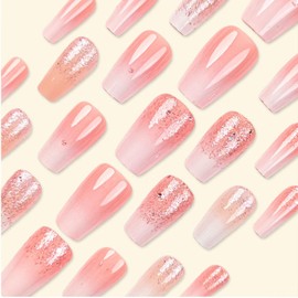 Ombre Pink Press on Nails Short Coffin Fake Nails with Glitter Designs Cute Simple Gradient Acrylic Nails Press ons Full Cover Stick on Nails Glossy Glue on Nails for Women 24 Pcs
