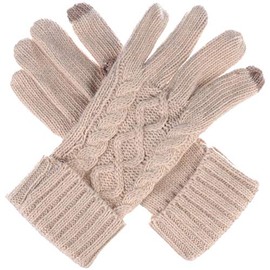 BYOS Women Winter Wool Blend Cable & Leafy Pattern Texting Knit Gloves w/Two Fingertips Conductive Tech for All Touch-Screen Devices Smartphone & Tablet (Beige Cable)