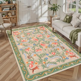Washable Area Rugs 5x7, Soft Green Rug for Living Room Bedroom Nursery Rug Floral Animal Print Kids Playroom Carpet Ultra-Thin Boho Throw Large Carpet for Dining Room Classroom