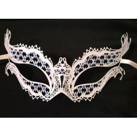 Masquerade White Blue Crystal Gems Laser Cut Metal Filigree Mask Masquerade