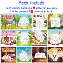 6PCS Bible Paint by Stickers for Kids Ages 4-8 Christian Easter Gifts Sticker by Number Puzzle Activity Books Bible Crafts Creative Art with Religious Jesus Nativity Apple Tree Noah’s Ark 48 Pictures