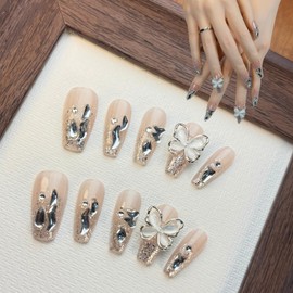 Duotaoii Press On Nails Medium Fake Nails Handmade Coffin False Nails Pink White Butterfly Nail Charms With Designs,Acrylic Nail Kit Glue On Nails,Reusable Stick on Nails for Women 10pcs S