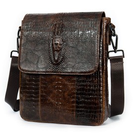 NIUCUNZH Leather Flap Messenger Bag for Men Small Crossbody Shoulder Bag,Novelty Crocodile Embossed, Coffee