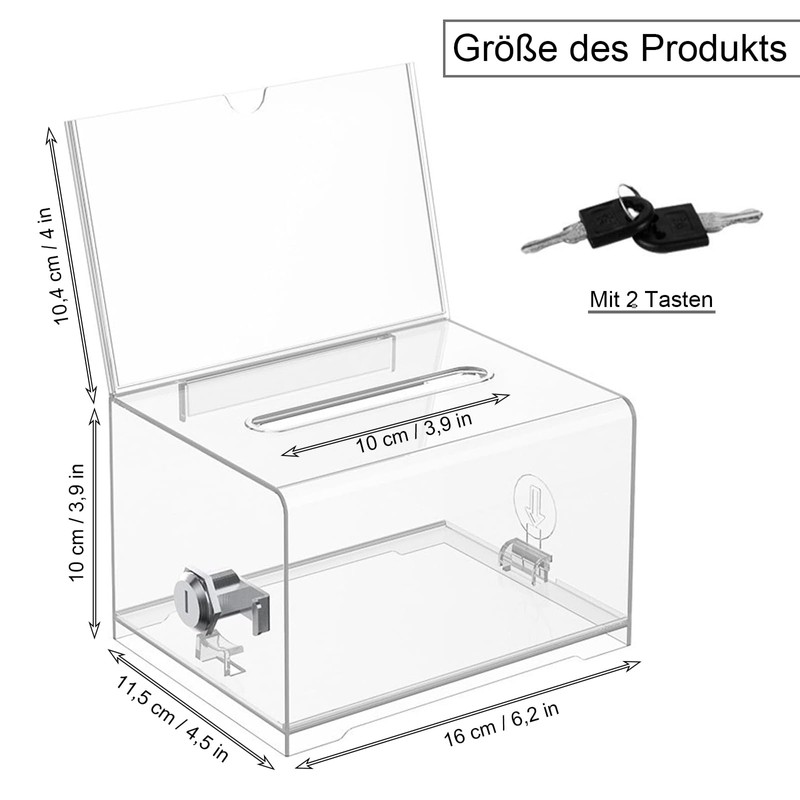 Acrylic Donation Box, Lockable, Ballot Box, Transparent with Key Lock,