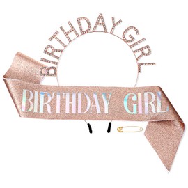 simarro Birthday Crowns Girls Birthday Sash, Rhinestone Birthday Headpiece, Gold Hair Band, Princess Birthday Sash and Tiara Headband for Girls Women Birthday Decoration