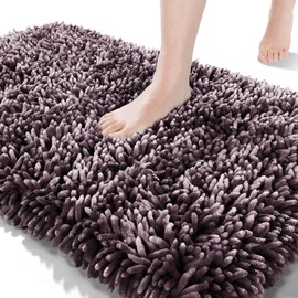 Yimobra Luxury Chenille Bath Mat, Extra Soft and Absorbent Shaggy Bathroom mats Non Slip, Machine Washble Dry, Plush Floor Carpet for Tub, Shower, and Bath Room，51 x 81 cm, Purple Gray