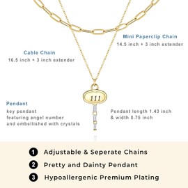 BONALUNA Angel Number Dainty Gold Necklace - 2 Layered & Separate Chains with Key Crystal Embellished Penant for Women, Perfect Jewelry for Gifts