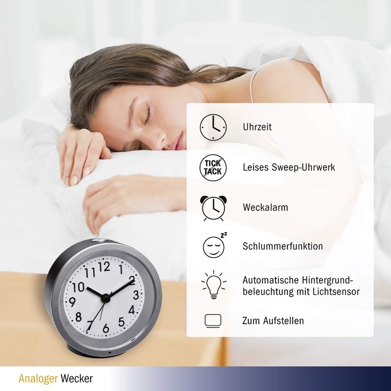 TFA Dostmann Analogue Alarm Clock 60.1034.01 with Sweep Movement Night
