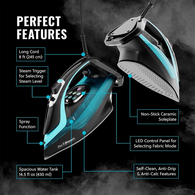 PurSteam SteamTech Elite 1750W Steam Iron, Digital Temp Control &