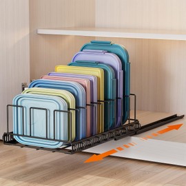 Housolution Pull Out Food Container Lid Organizer with Sliding Rail, Slide Out Plastic Lid Holder Compatible with Tupperware, Metal Storage Rack with 10 Adjustable Dividers for Cabinet, 1 Pack
