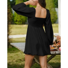 HYPERFIRE Women's Square Neck Long Sleeve Bubble Mini Dress Pleated Smocked A Line Wedding Dresses Black X-Small