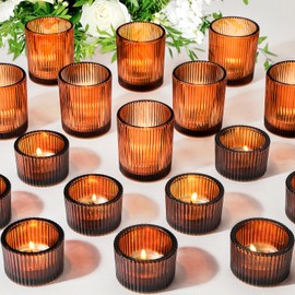 20 Pack Votive Candle Holders for Tea Light Candles, Amber Glass Tea Light Candle Holders Set, Decorative Ribbed Tealight Holder for Wedding Table Decor, Dining Room, Valentine's Day, Birthday