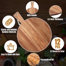 Patelai 12 Piece Round Wood Cutting Board Pizza Peel with Handle Laser Engraving Serving Board Charcuterie Cheese Bread Cutting Board Bulk for DIY Wedding Housewarming Gift(13 Inch, Acacia Wood)