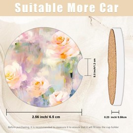 2 Pcs Car Cup Coasters Colorful Rose Flowers Cute Aethetic Absorbent Ceramic Car Coasters for Cup Holders with Finger Notch Anti Slip Cork Base 2.56inch Women